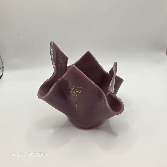 Art Glass Handkerchief Vase Lavender w/Gold Flowers Hand Blown Candle Holder - Picture 1 of 7